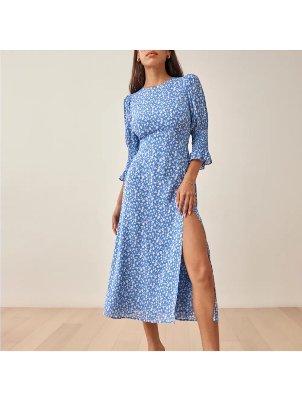 Reformation Carolena Dress Blue Floral Midi Dress with Side Slit in size 6